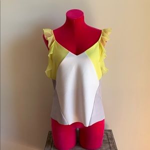 Zara White Grey and Yellow OTS Ruffle Sleeve Top